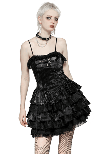 Edgy Layered PU Leather Punk Dress with Ruffle Lace Trim